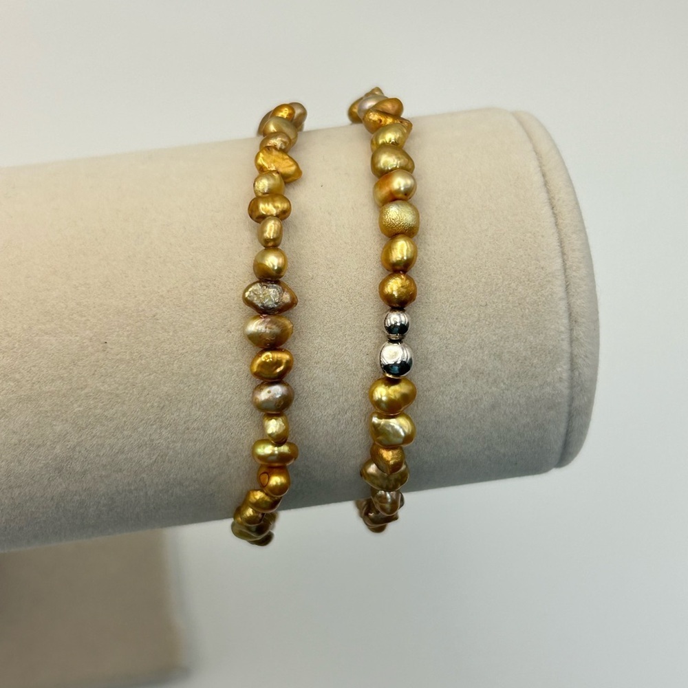 Silpada Bronze Silver Beaded Stretch Bracelet Pair Freshwater Pearls Silver Bead - Picture 6 of 8